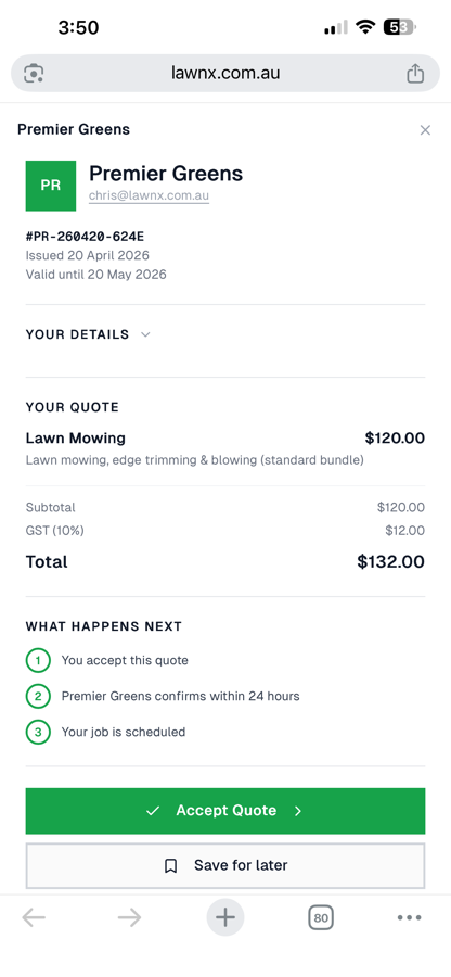 Mobile quote preview with accept quote button for Fettle Mowing